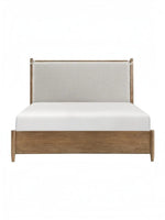 Très grand lit plateforme TOCO Meubles en bois de hickory brun avec tête de lit rembourrée beige amovible