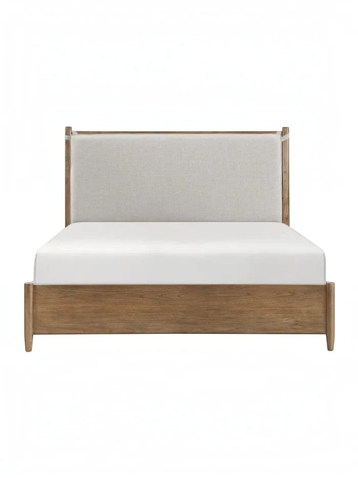 Très grand lit plateforme TOCO Meubles en bois de hickory brun avec tête de lit rembourrée beige amovible
