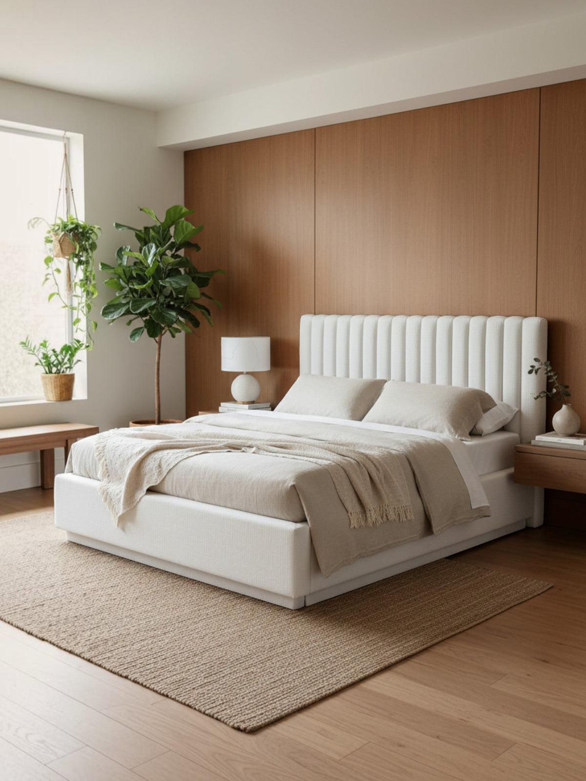 Lit plateforme King TOCO Meubles Emilio blanc avec tête de lit capitonnée verticale dans une chambre moderne
