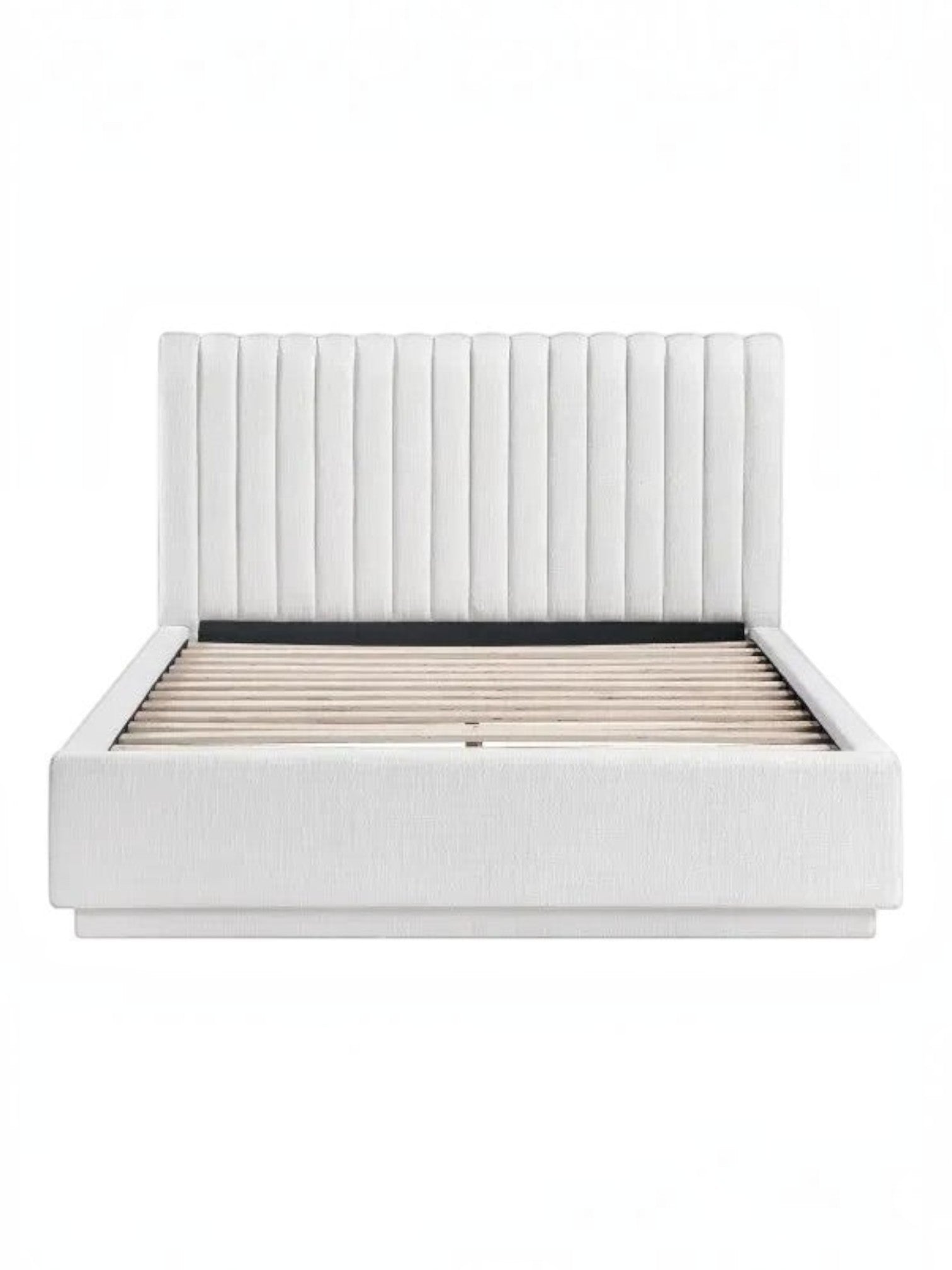 Lit plateforme King TOCO Meubles blanc avec tête de lit capitonnée verticalement et sommier à lattes intégré