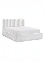 Lit plateforme King TOCO Meubles Emilio blanc avec tête de lit capitonnée verticalement en tissu texturé moderne
