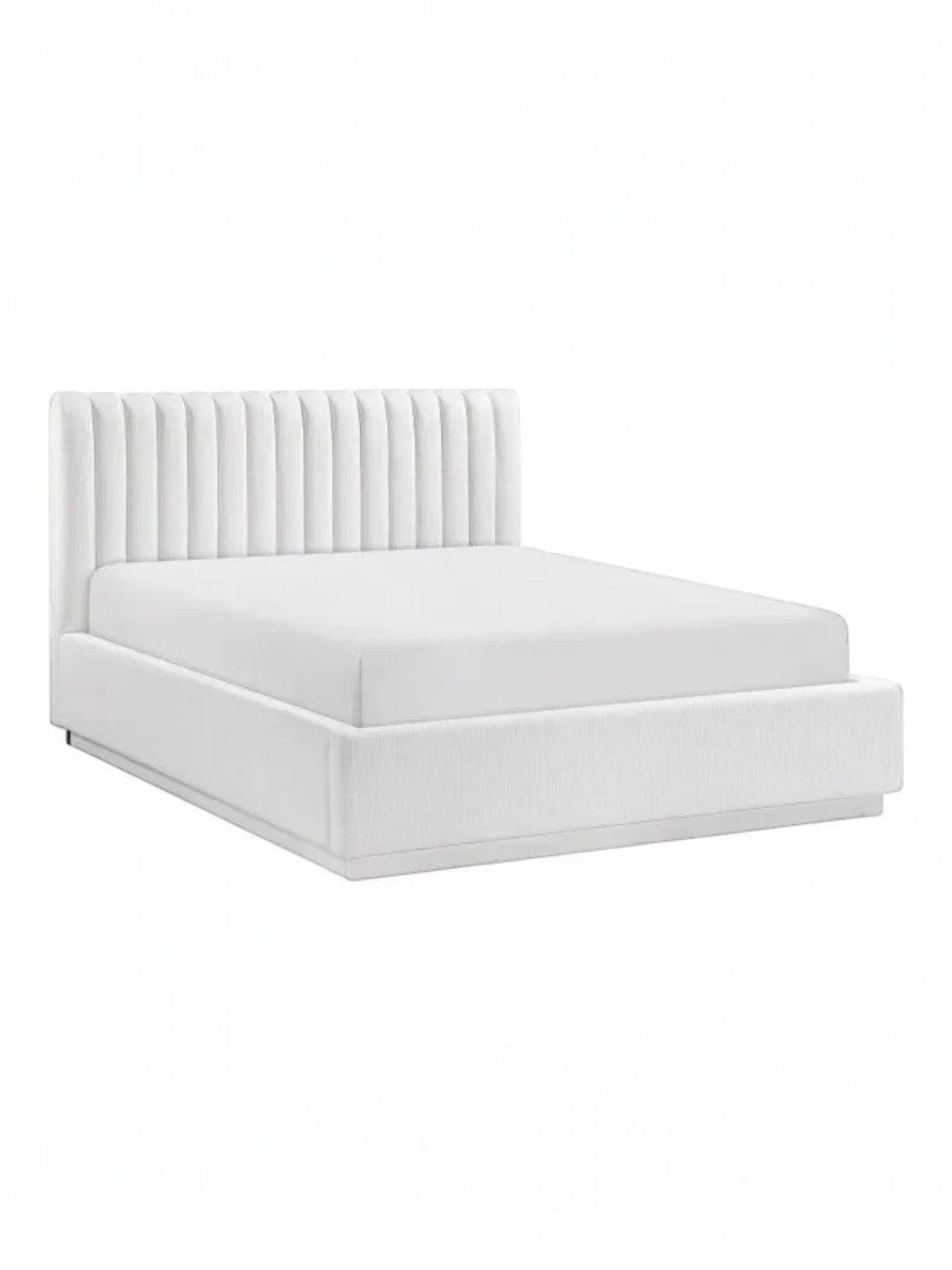 Lit plateforme King TOCO Meubles Emilio blanc avec tête de lit capitonnée verticalement en tissu texturé moderne