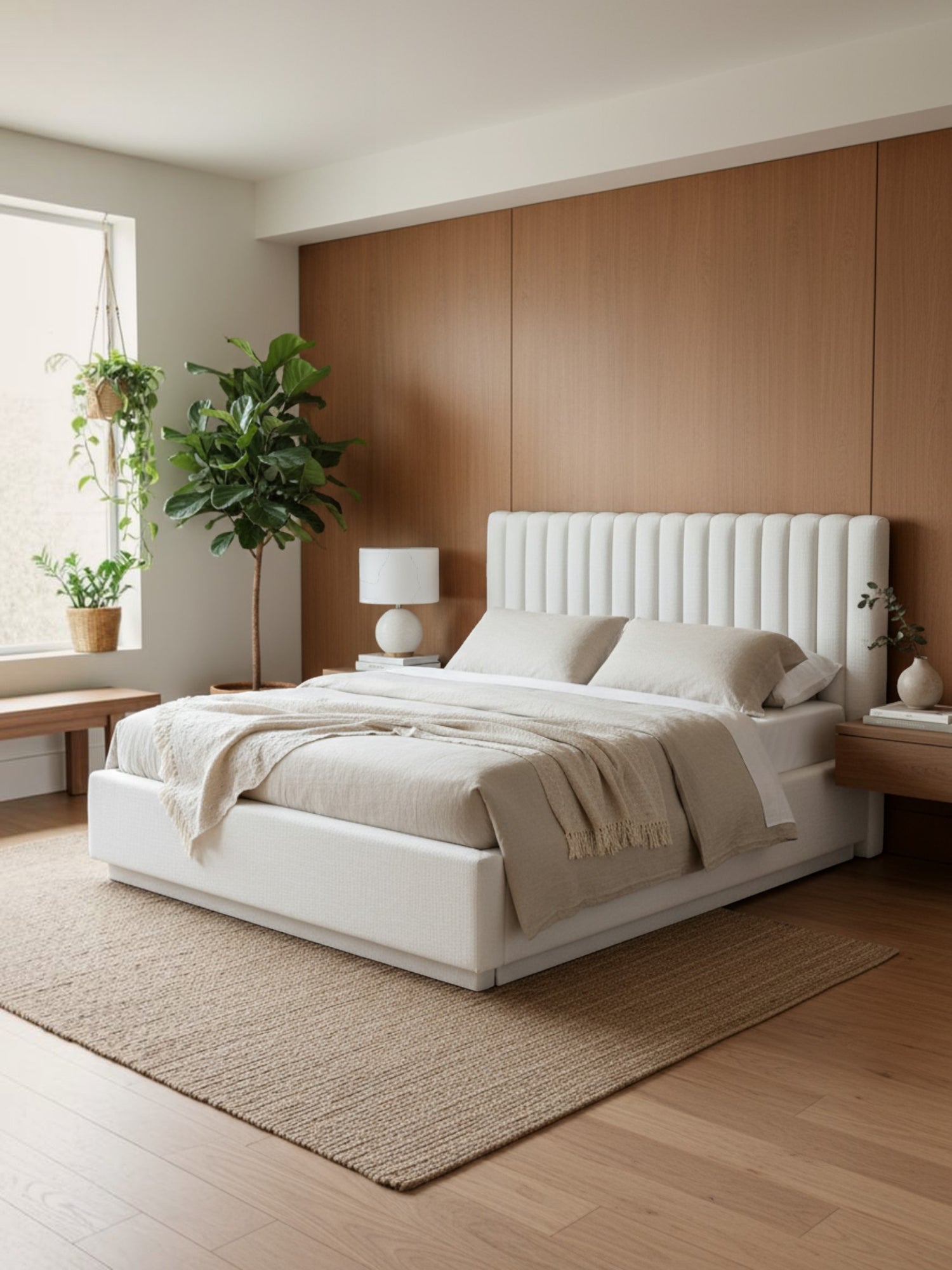 Lit plateforme King TOCO Meubles Emilio blanc avec tête de lit capitonnée verticale dans une chambre moderne