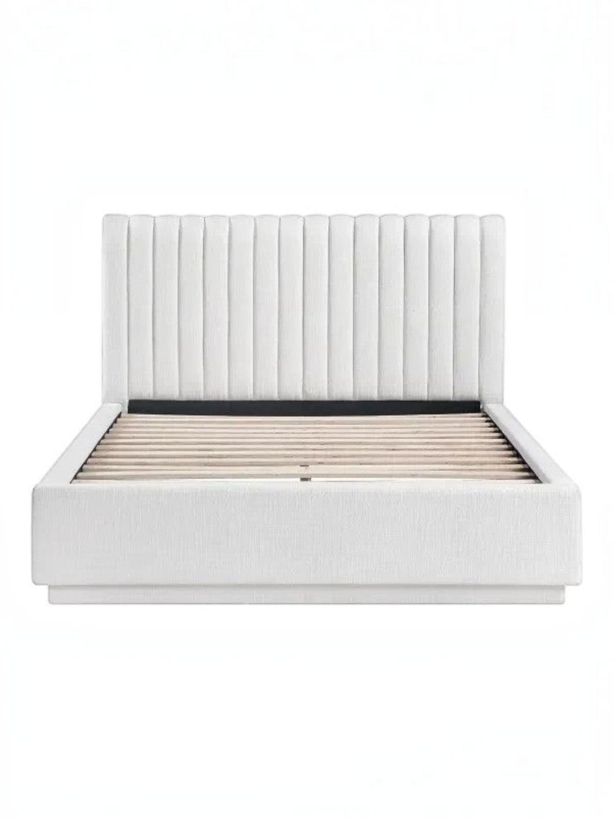 Lit plateforme King TOCO Meubles blanc avec tête de lit capitonnée verticalement et sommier à lattes intégré