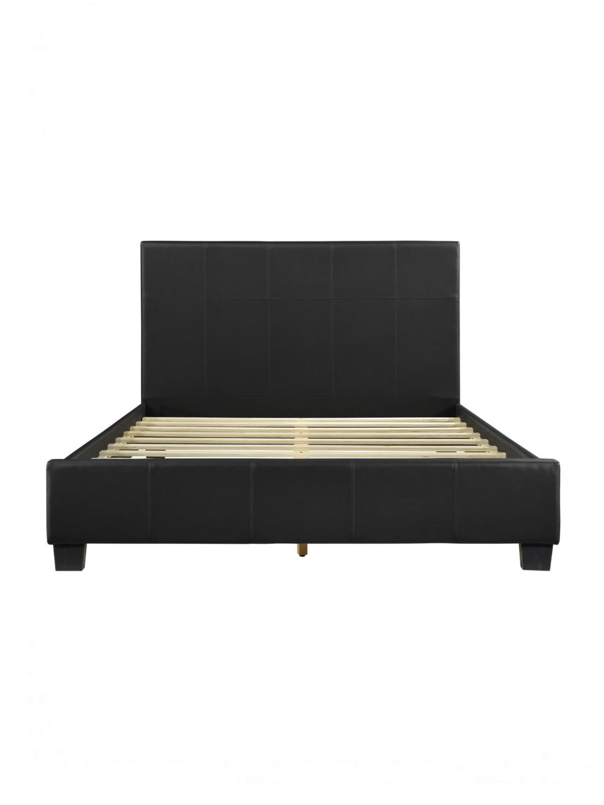 Lit plateforme contemporain TOCO Meubles Léon en similicuir noir avec tête de lit et lattes en bois apparentes
