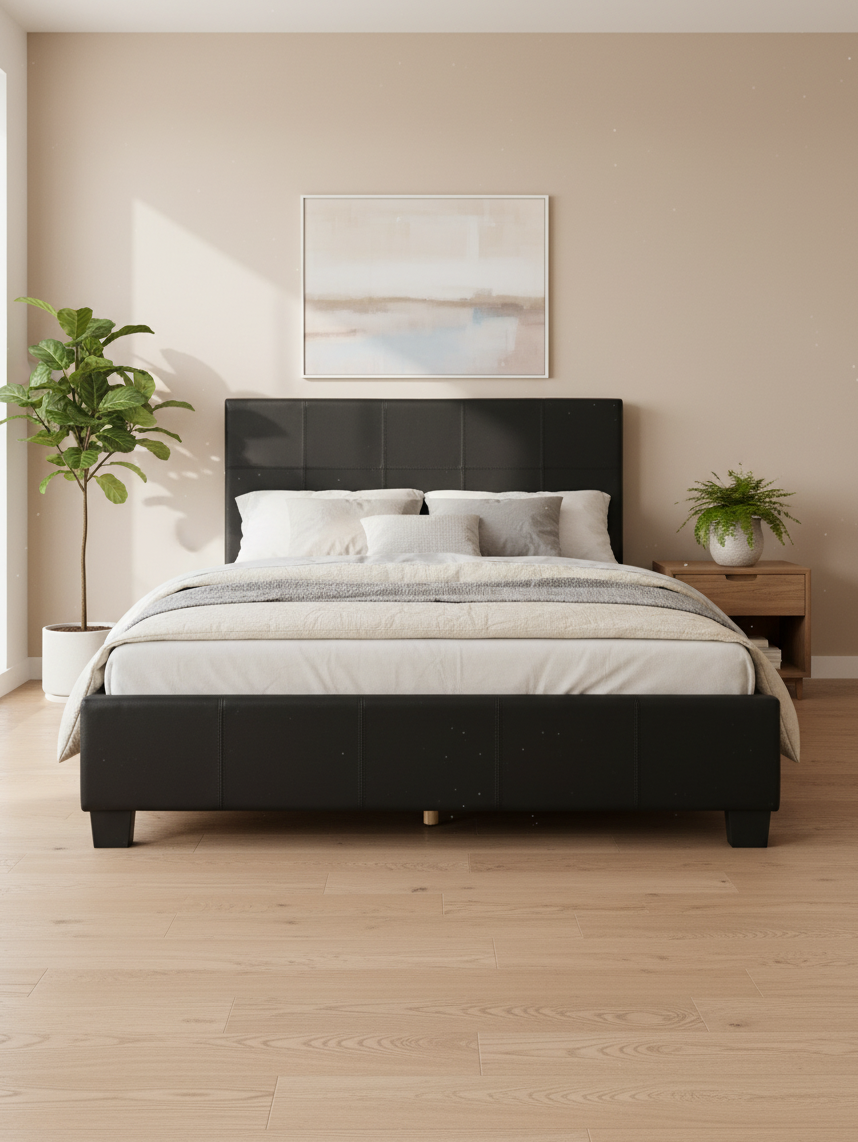 Très grand lit plateforme Léon de TOCO Meubles en similicuir noir au design contemporain épuré dans une chambre
