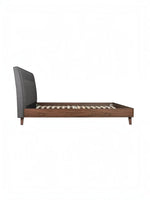 Lit plateforme TOCO Meubles Rafael avec tête de lit capitonnée grise et cadre en bois imitation noyer, vue latérale