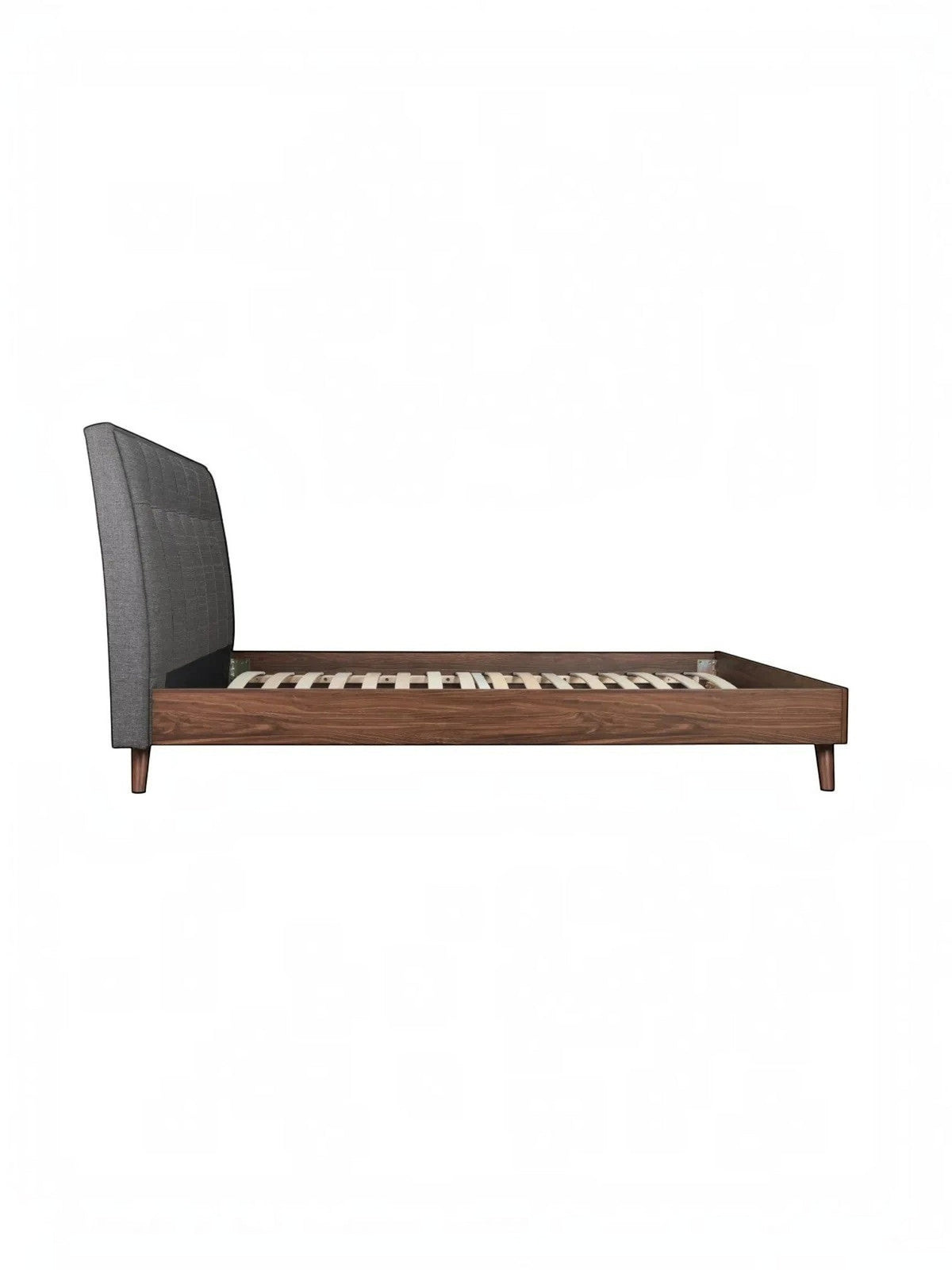 Lit plateforme TOCO Meubles Rafael avec tête de lit capitonnée grise et cadre en bois imitation noyer, vue latérale