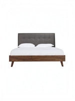 Lit plateforme TOCO Meubles Rafael avec tête de lit capitonnée grise et cadre en bois imitation noyer