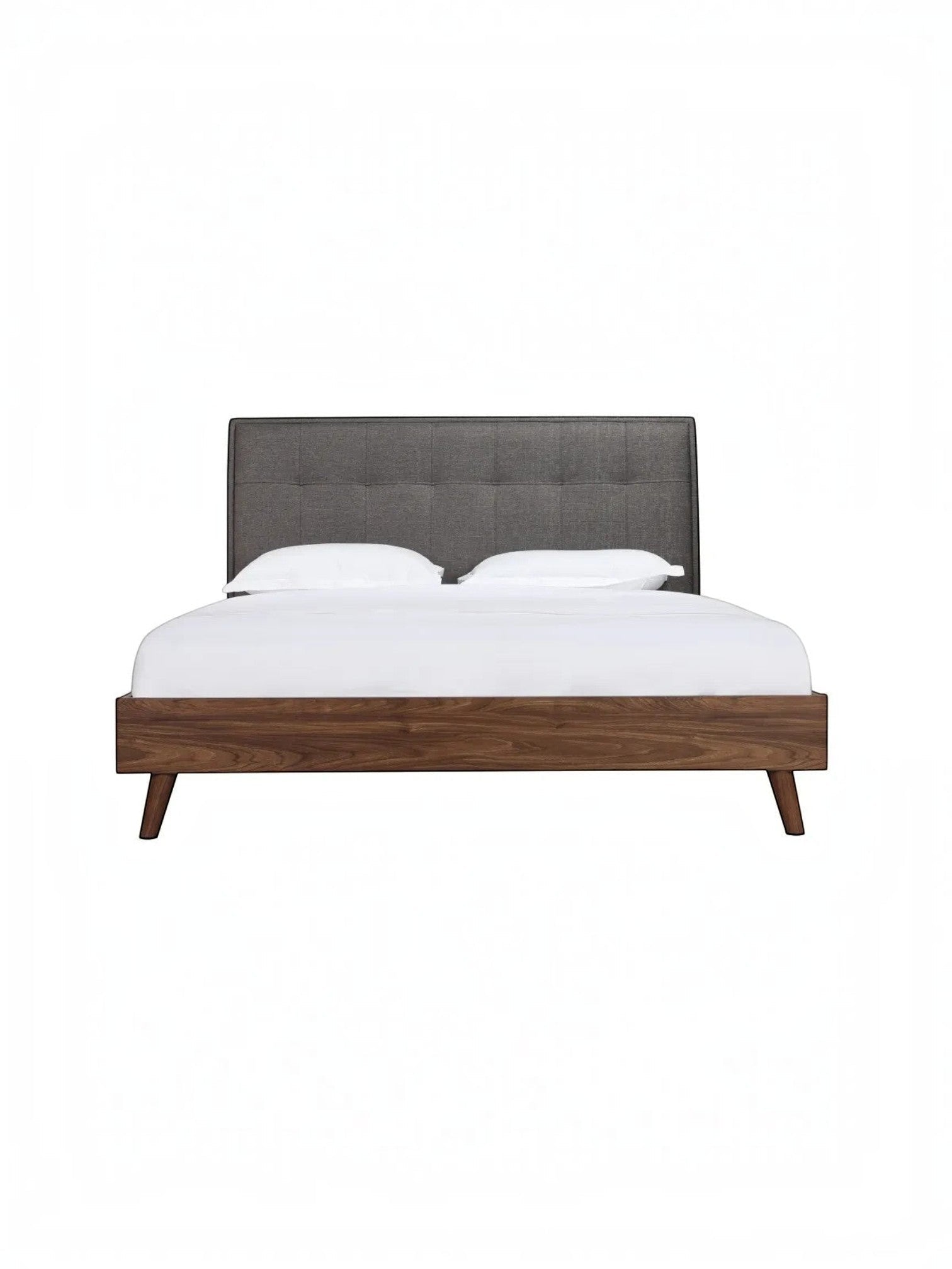 Lit plateforme TOCO Meubles Rafael avec tête de lit capitonnée grise et cadre en bois imitation noyer