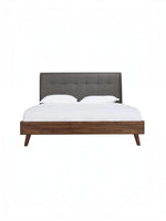Lit plateforme TOCO Meubles Rafael avec tête de lit capitonnée grise et cadre en bois imitation noyer
