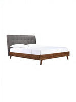 Lit plateforme TOCO Meubles Rafael avec tête de lit capitonnée grise et cadre en bois imitation noyer