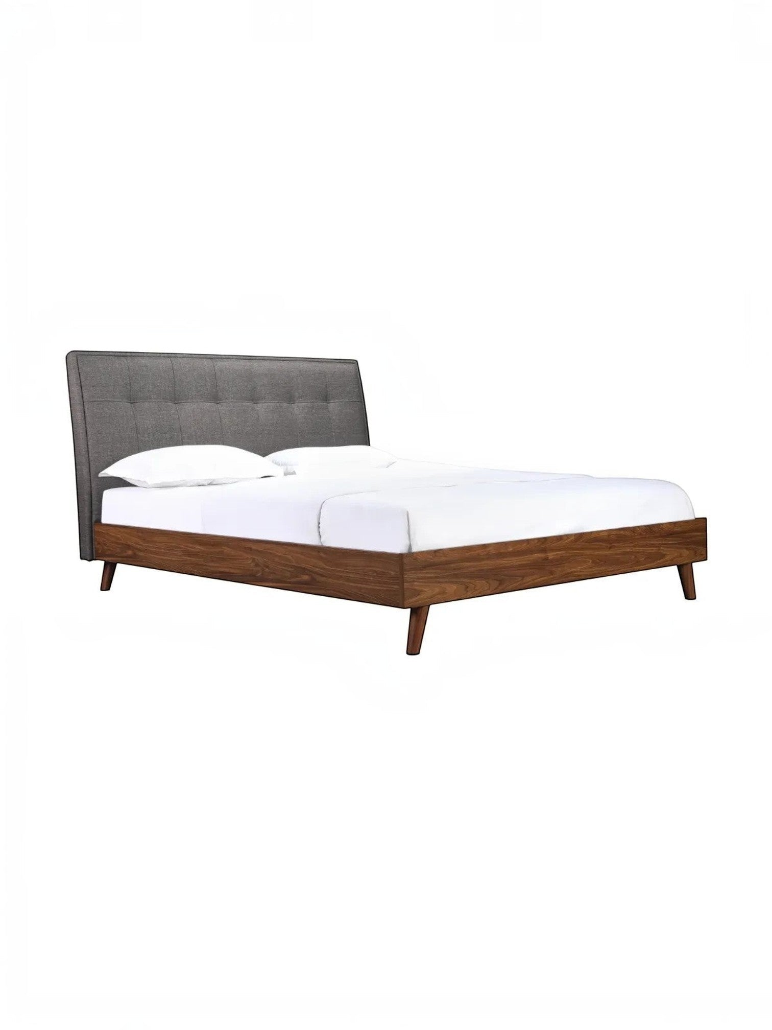 Lit plateforme TOCO Meubles Rafael avec tête de lit capitonnée grise et cadre en bois imitation noyer
