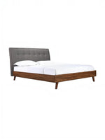 Lit plateforme TOCO Meubles Rafael avec tête de lit capitonnée grise et cadre en bois imitation noyer