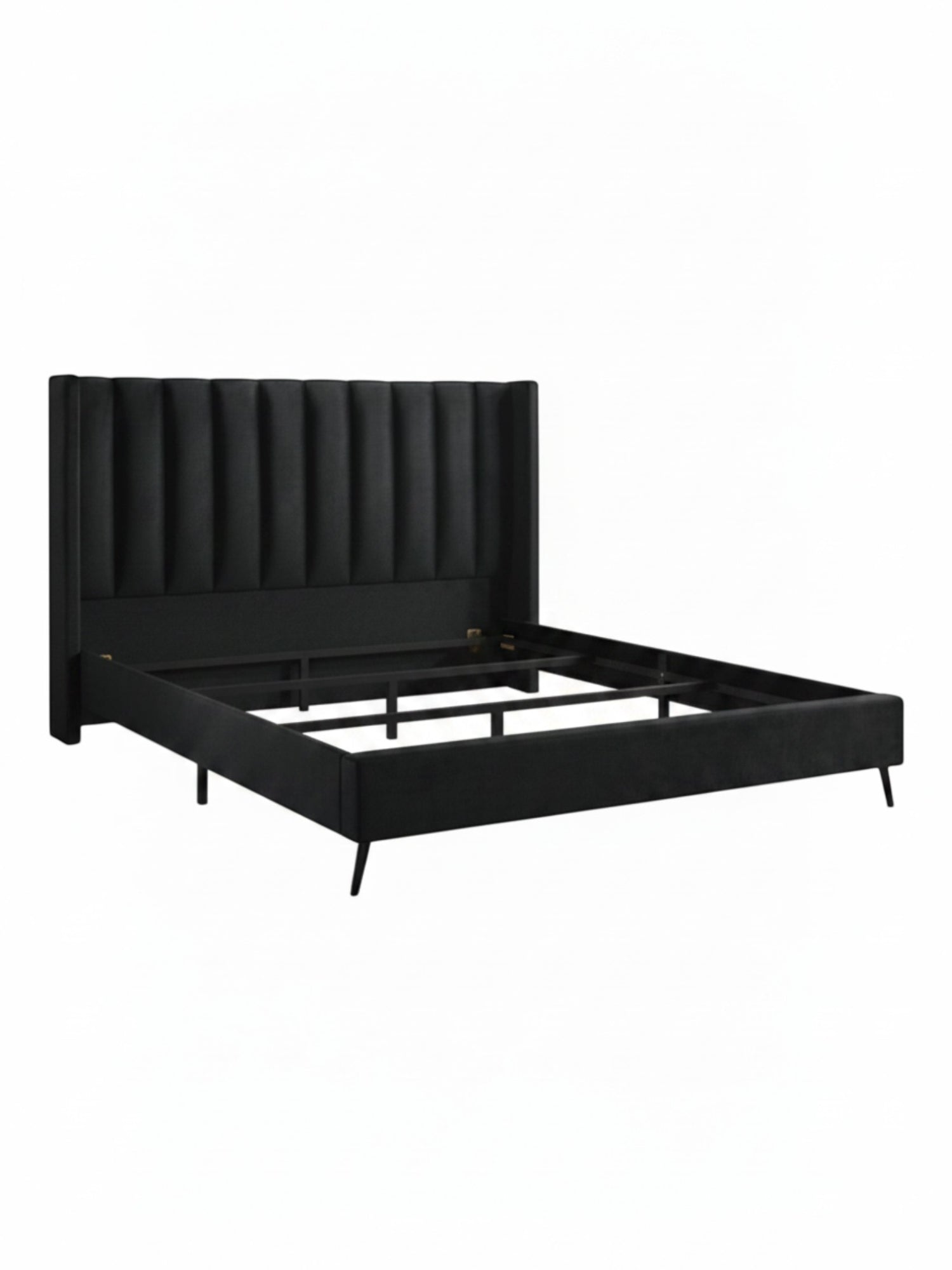 Lit plateforme TOCO Meubles Simone en velours noir avec tête de lit capitonnée verticale et pieds en métal
