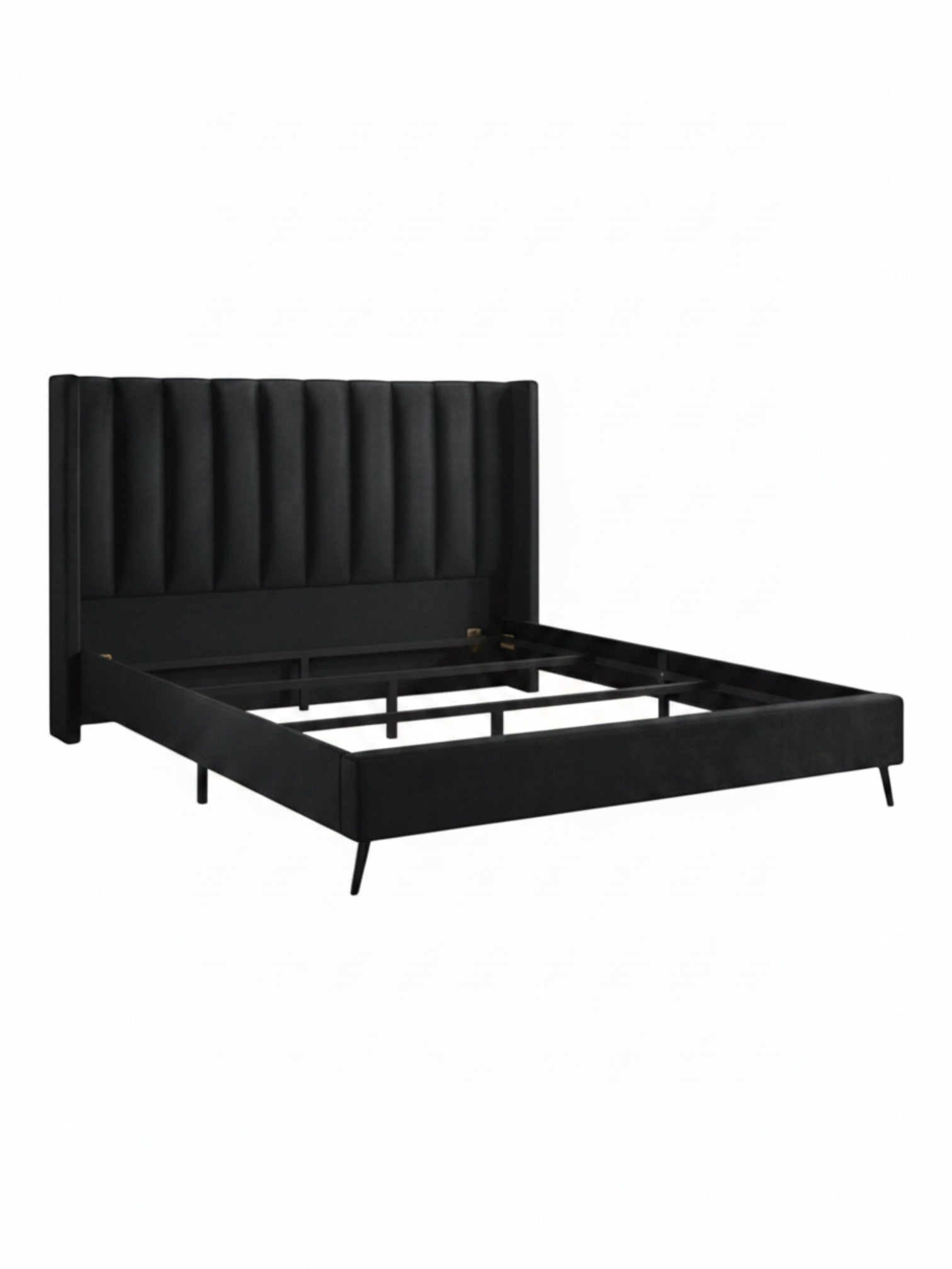 Lit plateforme TOCO Meubles Simone en velours noir avec tête de lit capitonnée verticale et pieds en métal