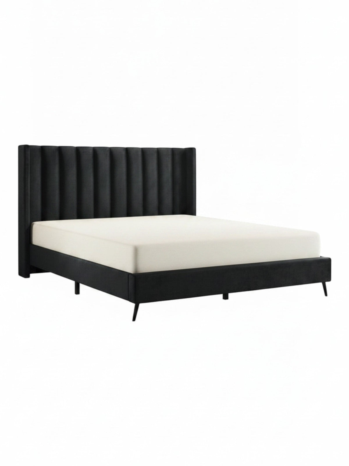 Lit plateforme TOCO Meubles Simone en velours noir avec tête de lit capitonnée verticale et pieds en métal
