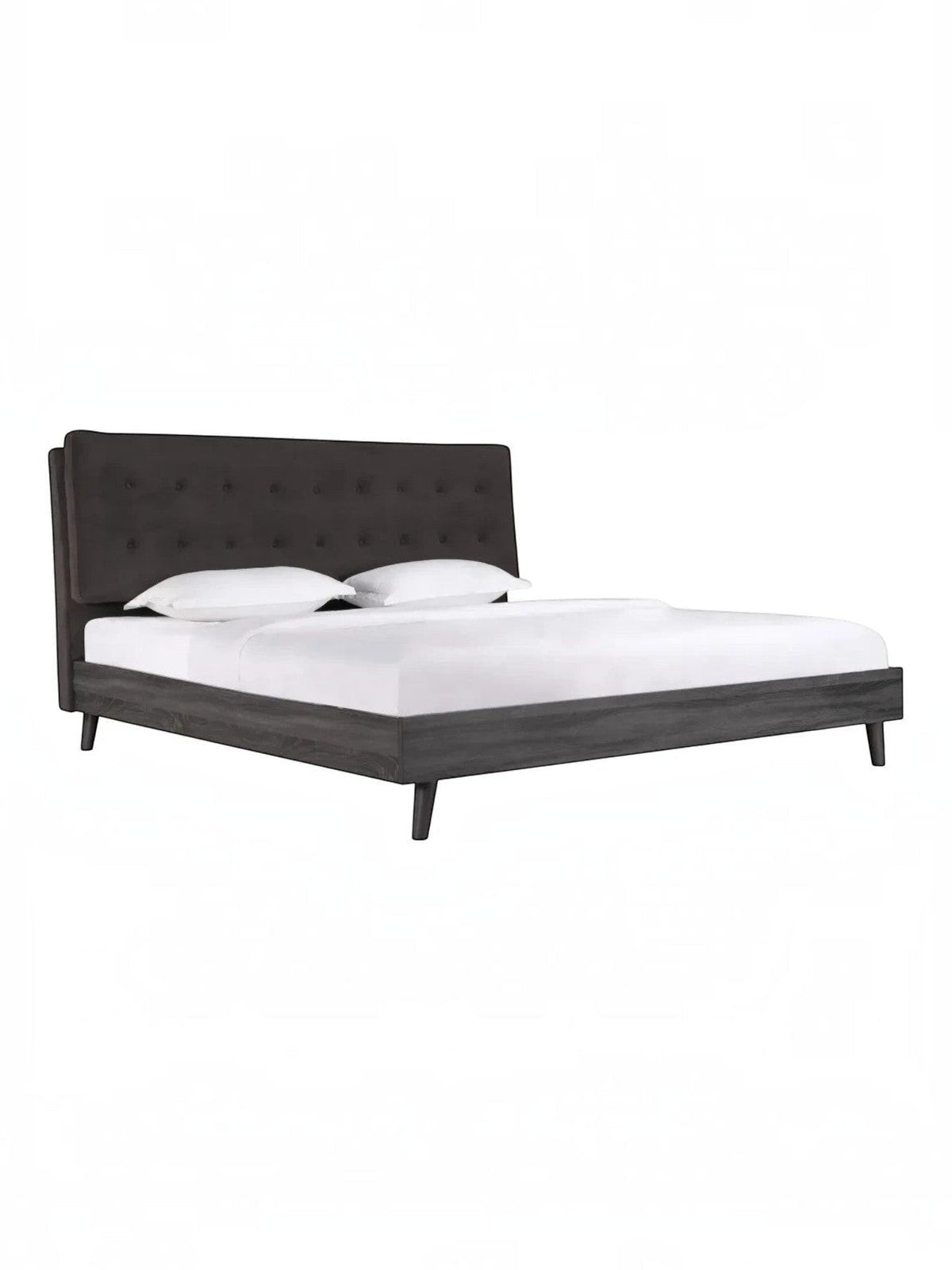 Lit queen TOCO Meubles Gianni avec tête de lit en velours gris capitonné et cadre plateforme en bois gris