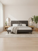 Lit queen TOCO Meubles Gianni en velours gris foncé avec tête de lit capitonnée et pieds inclinés style rétro