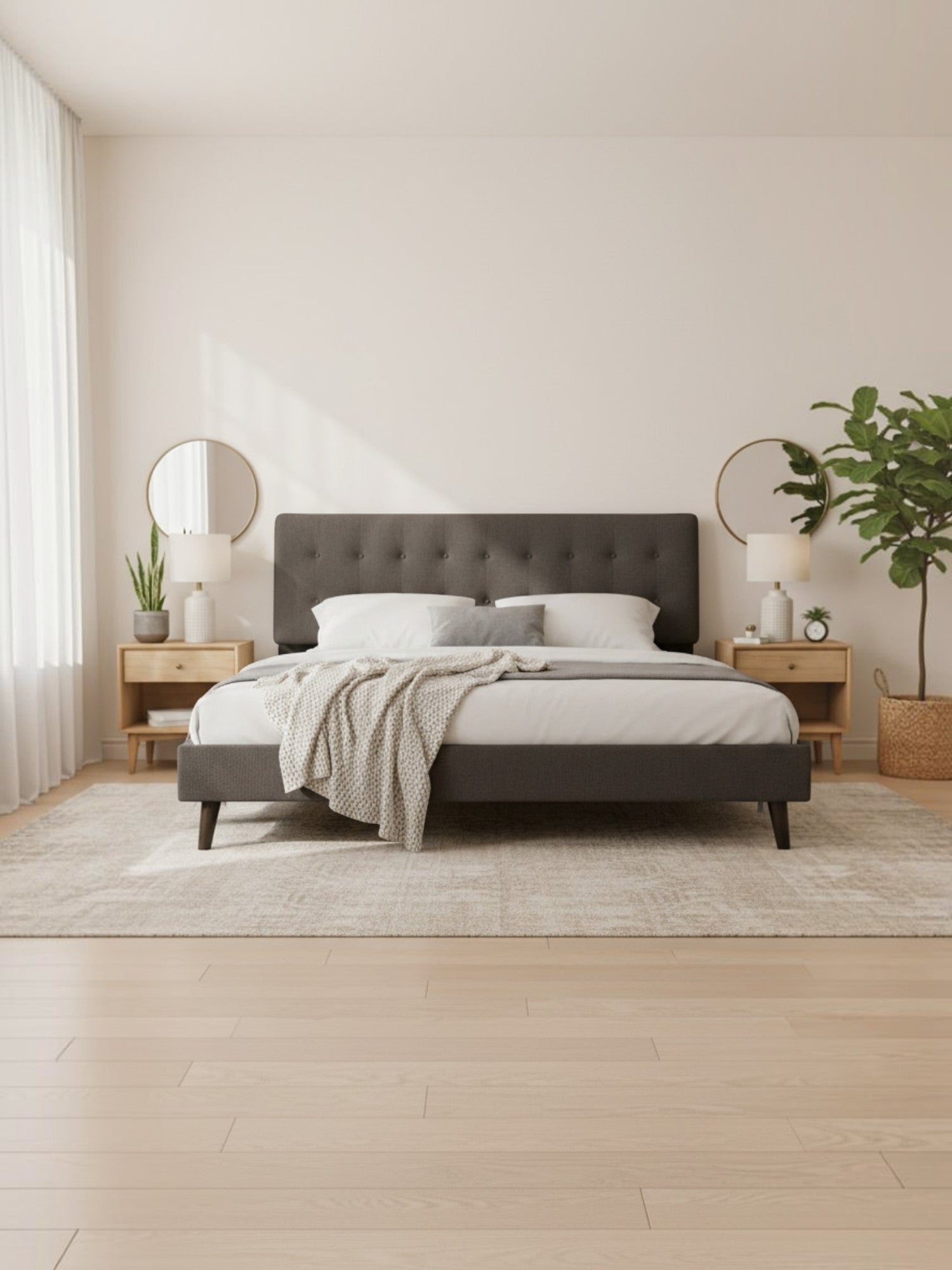Lit queen TOCO Meubles Gianni en velours gris foncé avec tête de lit capitonnée et pieds inclinés style rétro