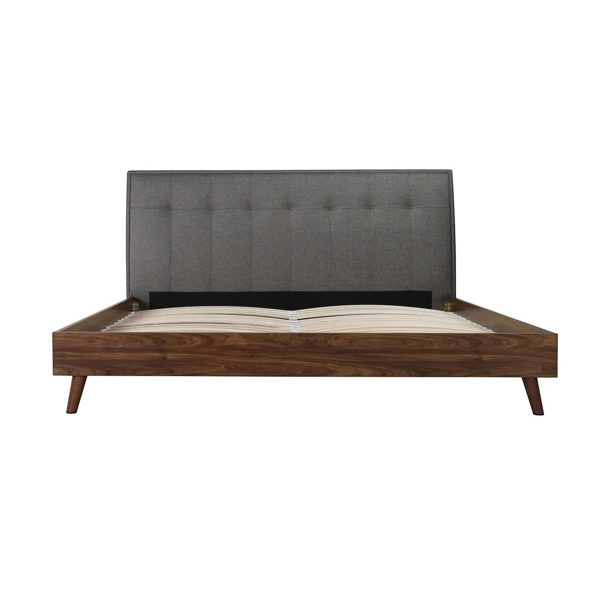 TOCO Meubles Lit Rafael grand lit plateforme gris tissu effet lin et imitation noyer avec tête de lit capitonnée