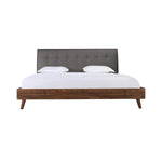 TOCO Meubles Lit Rafael grand lit plateforme gris tissu effet lin et imitation noyer avec tête de lit capitonnée