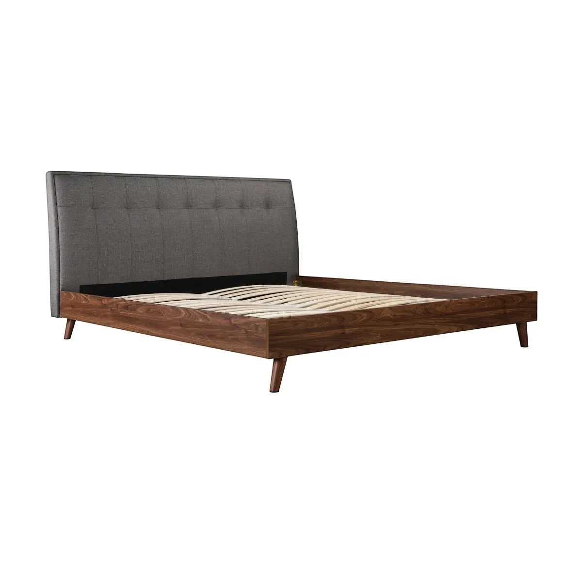 TOCO Meubles Lit Rafael grand lit plateforme gris tissu lin et imitation noyer avec tête de lit capitonnée