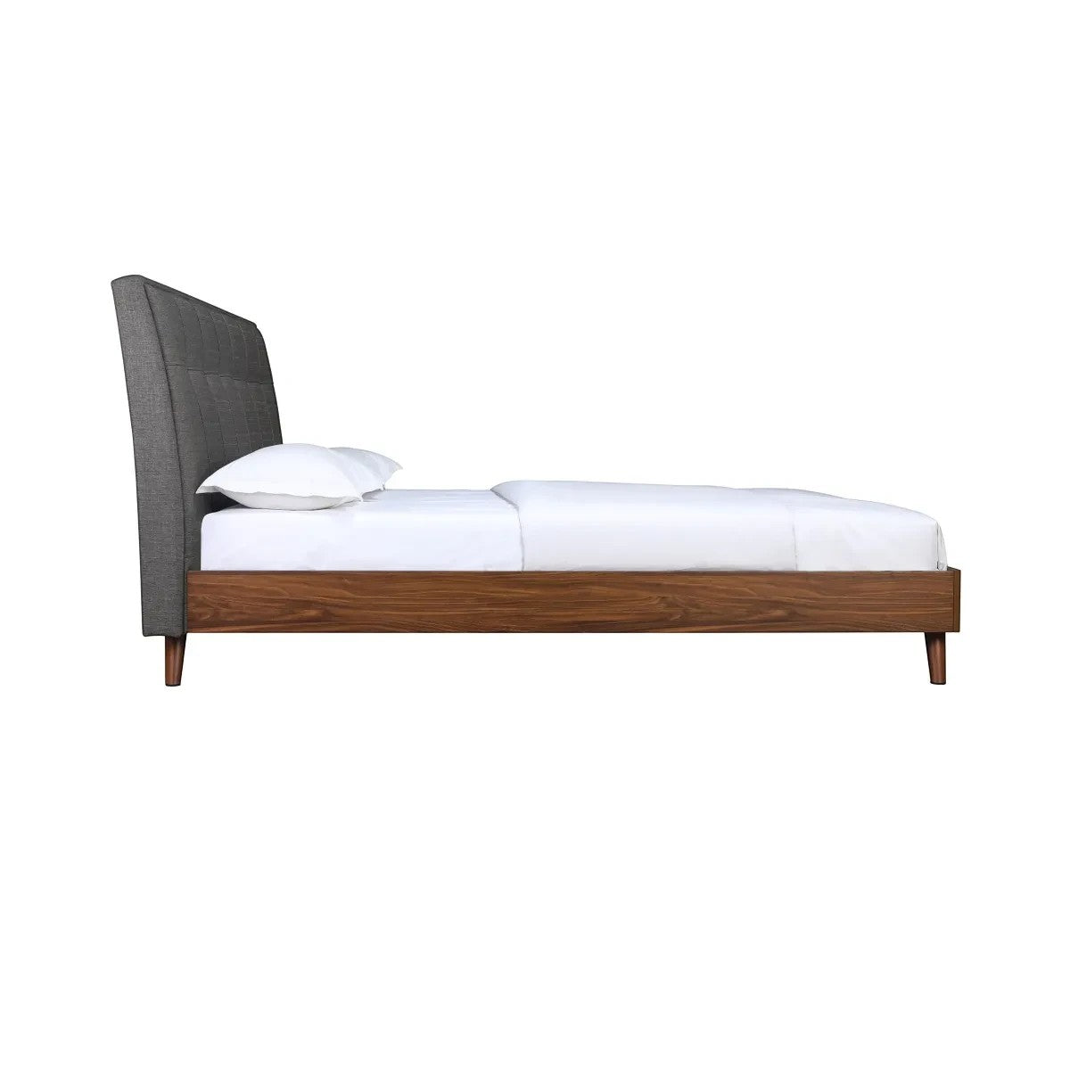 Lit plateforme TOCO Meubles Rafael gris et bois imitation noyer, tête de lit capitonnée, design contemporain.