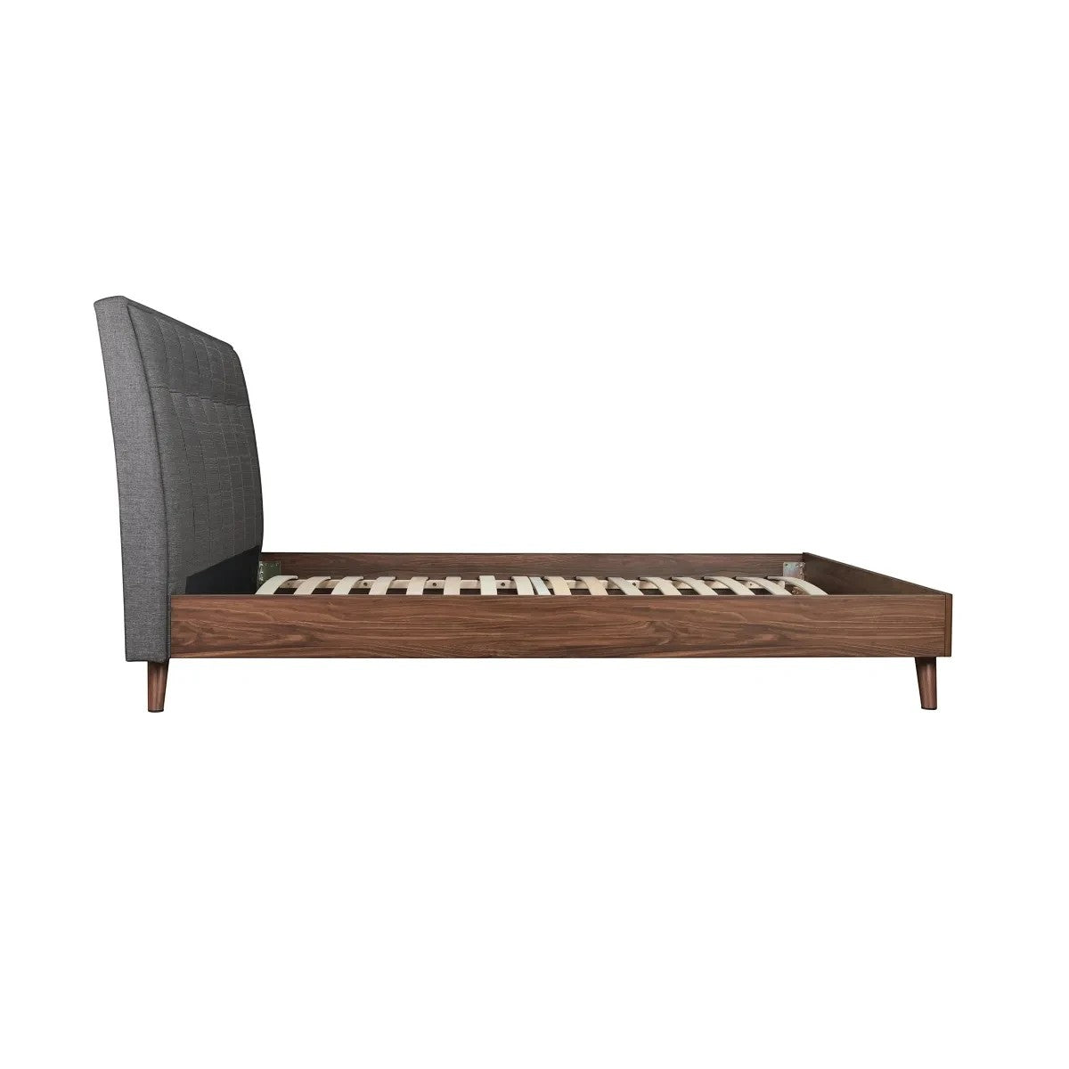 TOCO Meubles Grand Lit Rafael, tête de lit rembourrée en tissu gris effet lin, cadre imitation noyer, design contemporain.