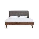 TOCO Meubles Grand Lit Rafael, tête de lit capitonnée grise, cadre imitation noyer, pieds métalliques, design contemporain.