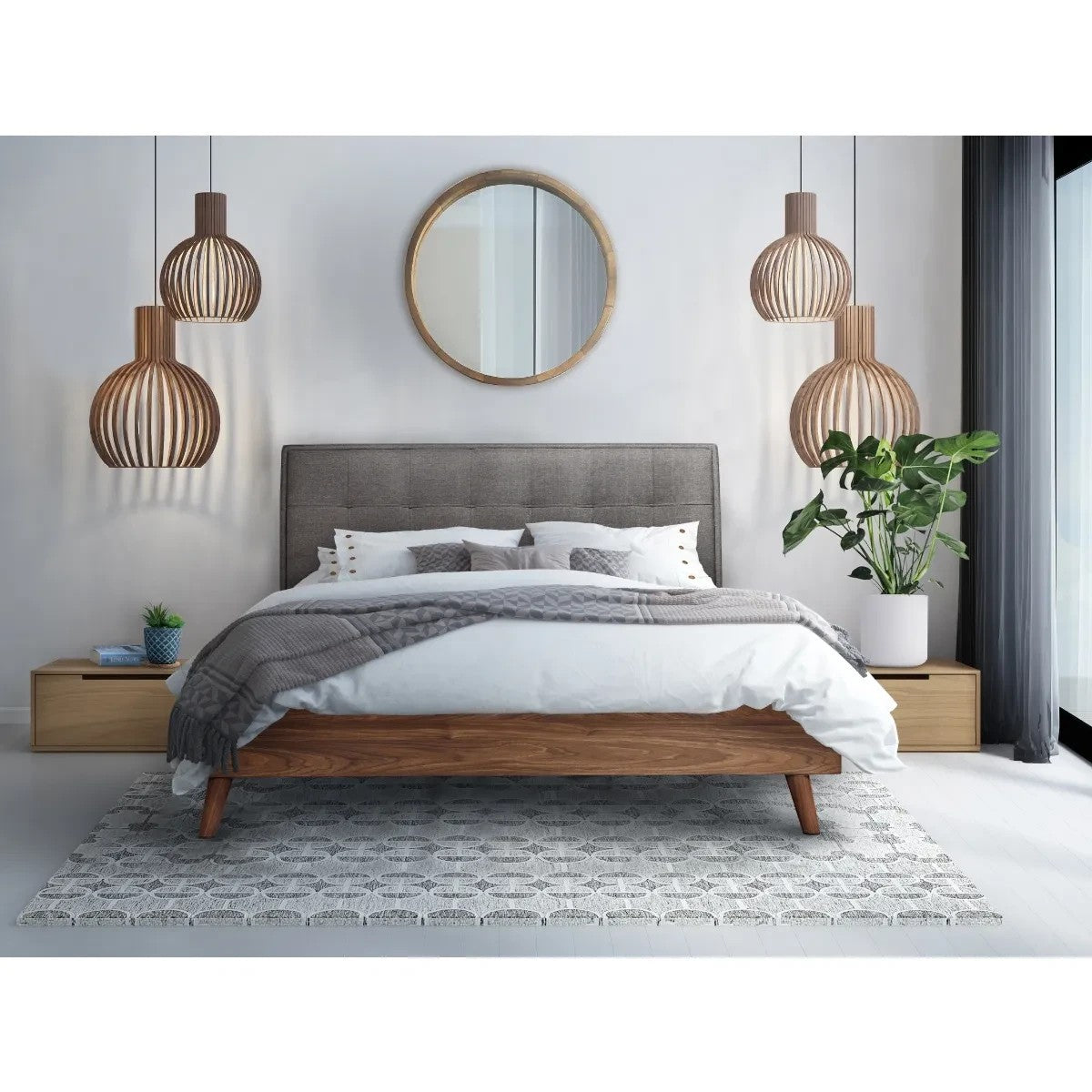 TOCO Meubles Lit Rafael, tête de lit capitonnée grise, cadre imitation noyer, design contemporain, 160x200cm