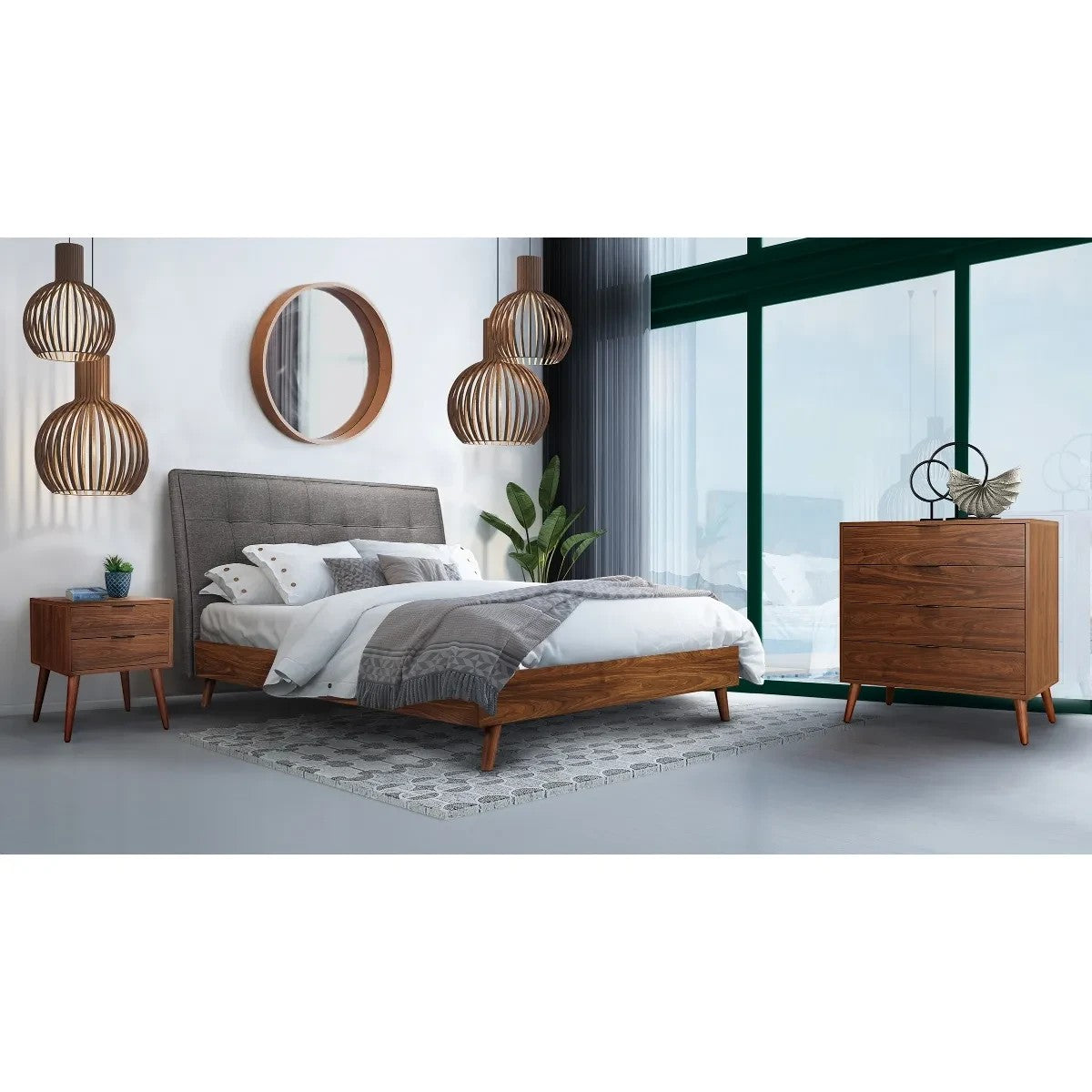 Lit plateforme deux tons TOCO Meubles avec tête de lit rembourrée grise et cadre imitation noyer, pieds métalliques. Design contemporain.