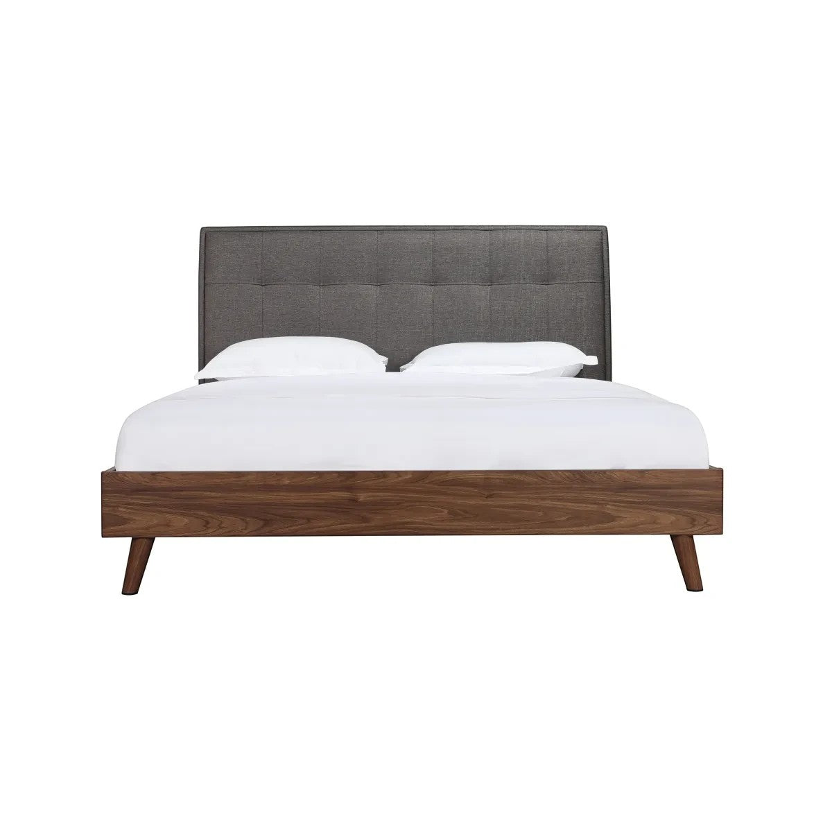 TOCO Meubles Grand Lit Rafael, tête de lit capitonnée grise, cadre imitation noyer, pieds métalliques, design contemporain.