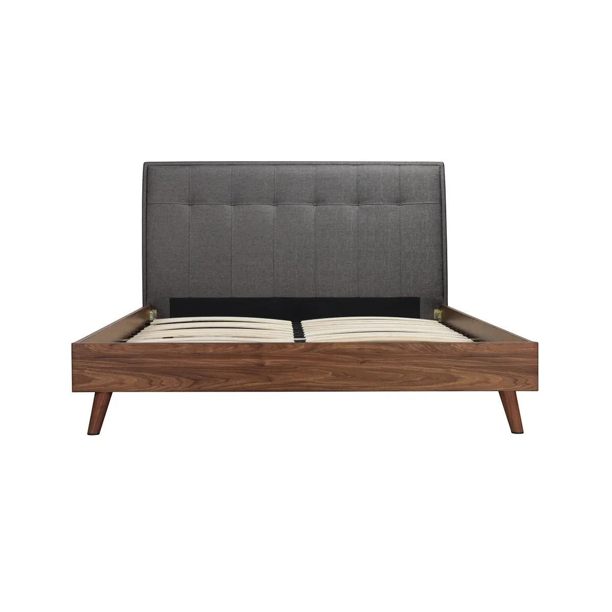 TOCO Meubles Grand Lit Rafael, tête de lit capitonnée en tissu gris effet lin, cadre imitation noyer, pieds métalliques, design plateforme.