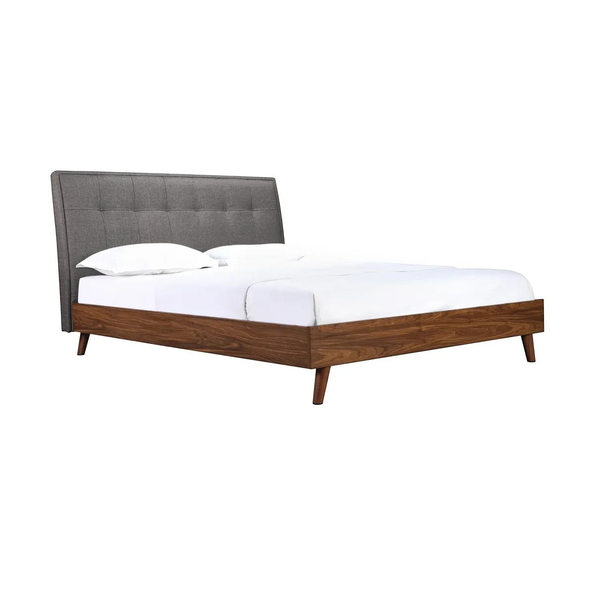 TOCO Meubles Grand Lit Rafael, lit plateforme 2 tons avec tête de lit rembourrée en tissu gris et cadre imitation noyer.