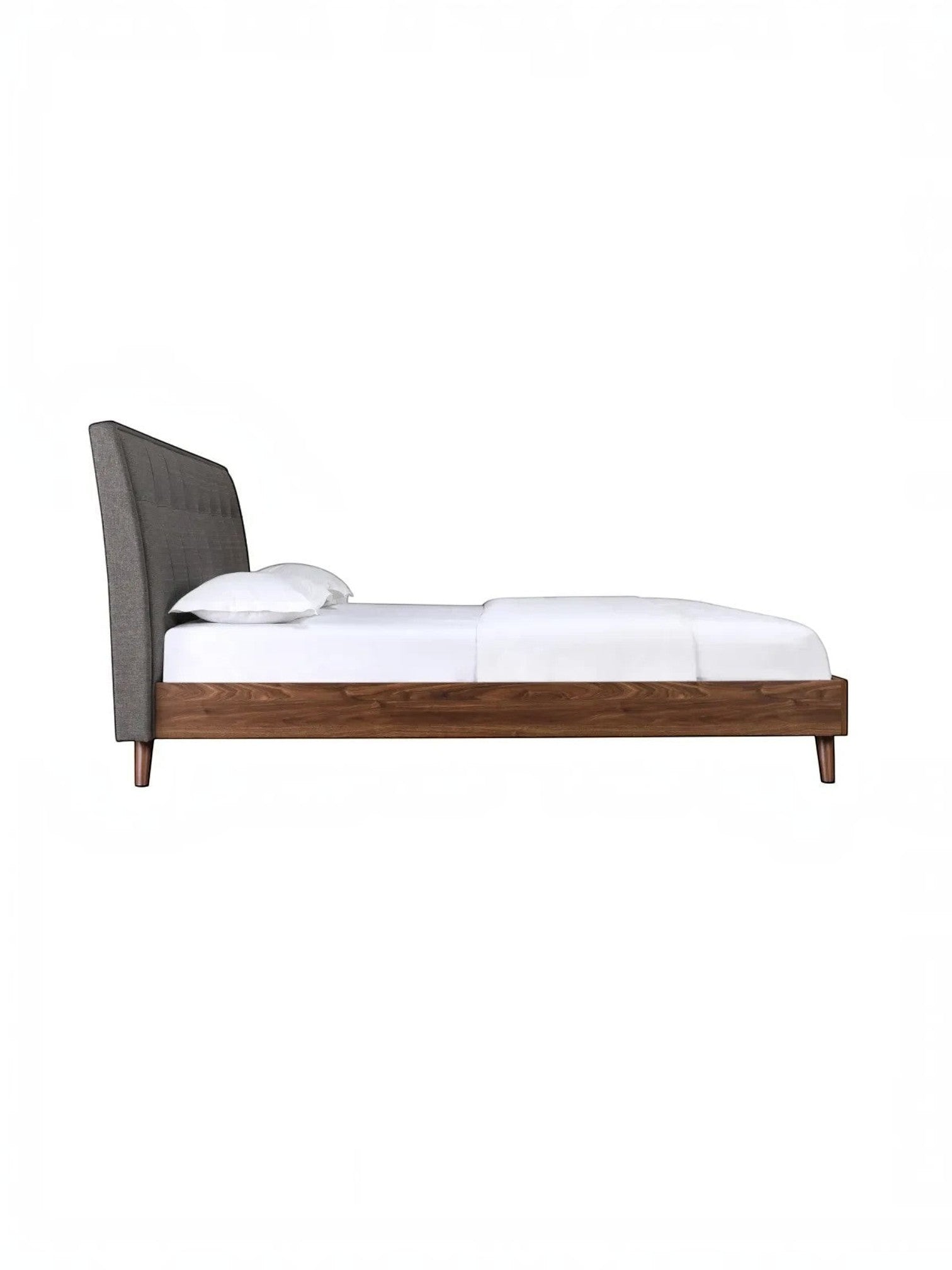 Lit plateforme TOCO Meubles Rafael avec tête de lit capitonnée grise et cadre en bois imitation noyer, vue latérale