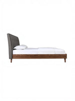 Lit plateforme TOCO Meubles Rafael avec tête de lit capitonnée grise et cadre en bois imitation noyer, vue latérale