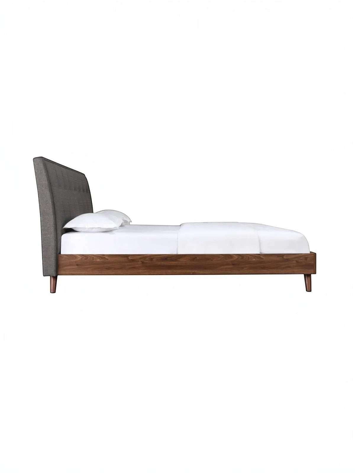 Lit plateforme TOCO Meubles Rafael avec tête de lit capitonnée grise et cadre en bois imitation noyer, vue latérale