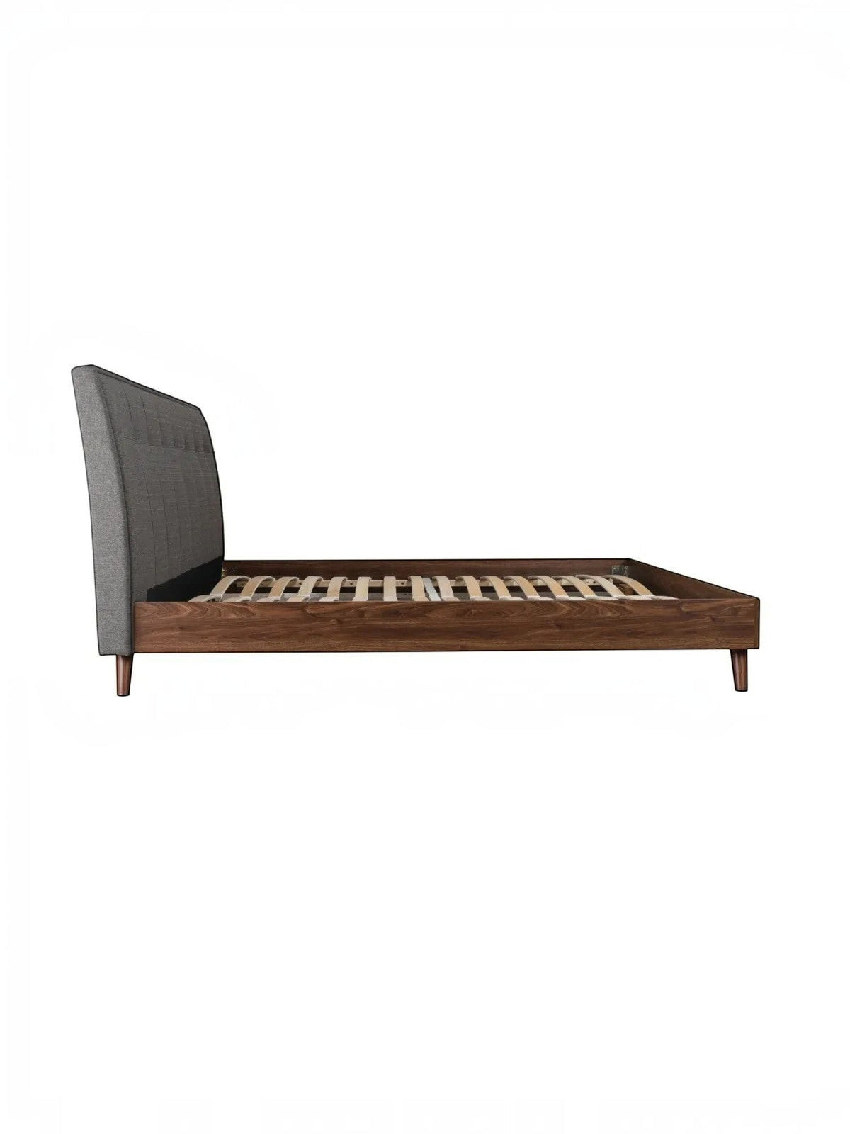 Lit plateforme TOCO Meubles Rafael avec tête de lit capitonnée grise et cadre en bois imitation noyer, vue latérale.