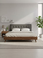 Très grand lit TOCO Meubles Rafael avec tête de lit capitonnée grise et cadre en bois imitation noyer style moderne