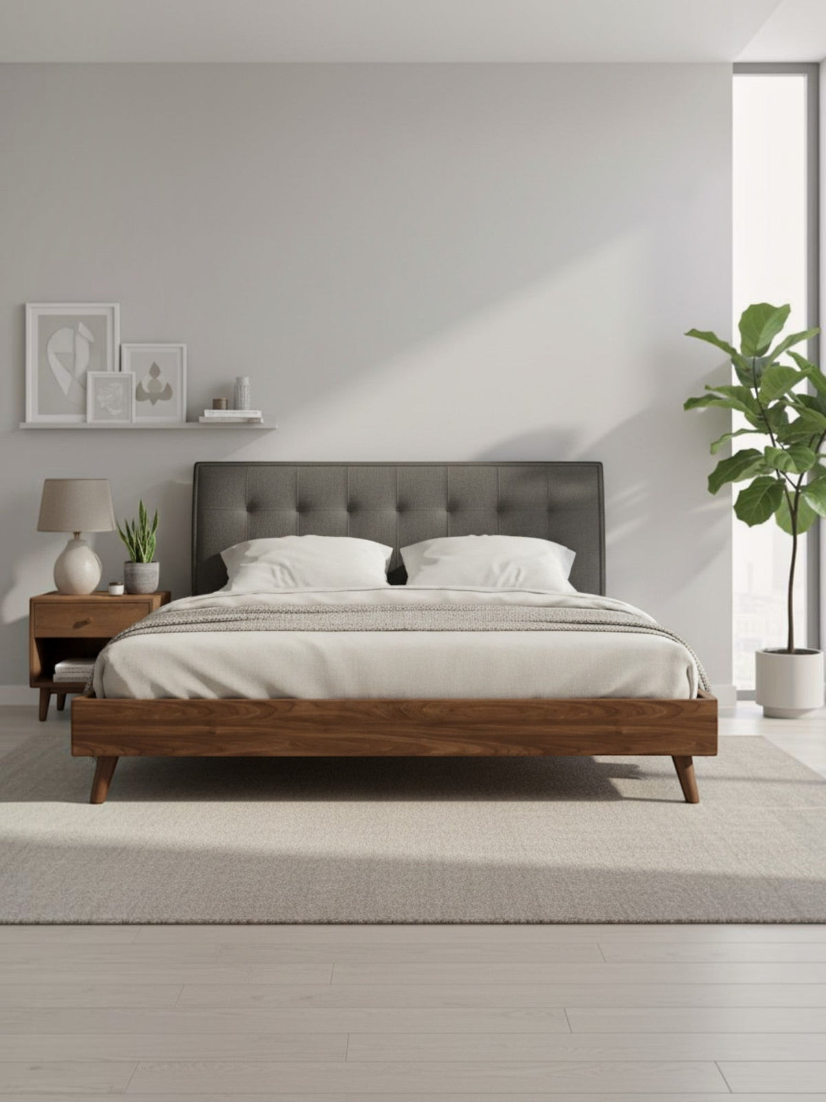 Très grand lit TOCO Meubles Rafael avec tête de lit capitonnée grise et cadre en bois imitation noyer style moderne
