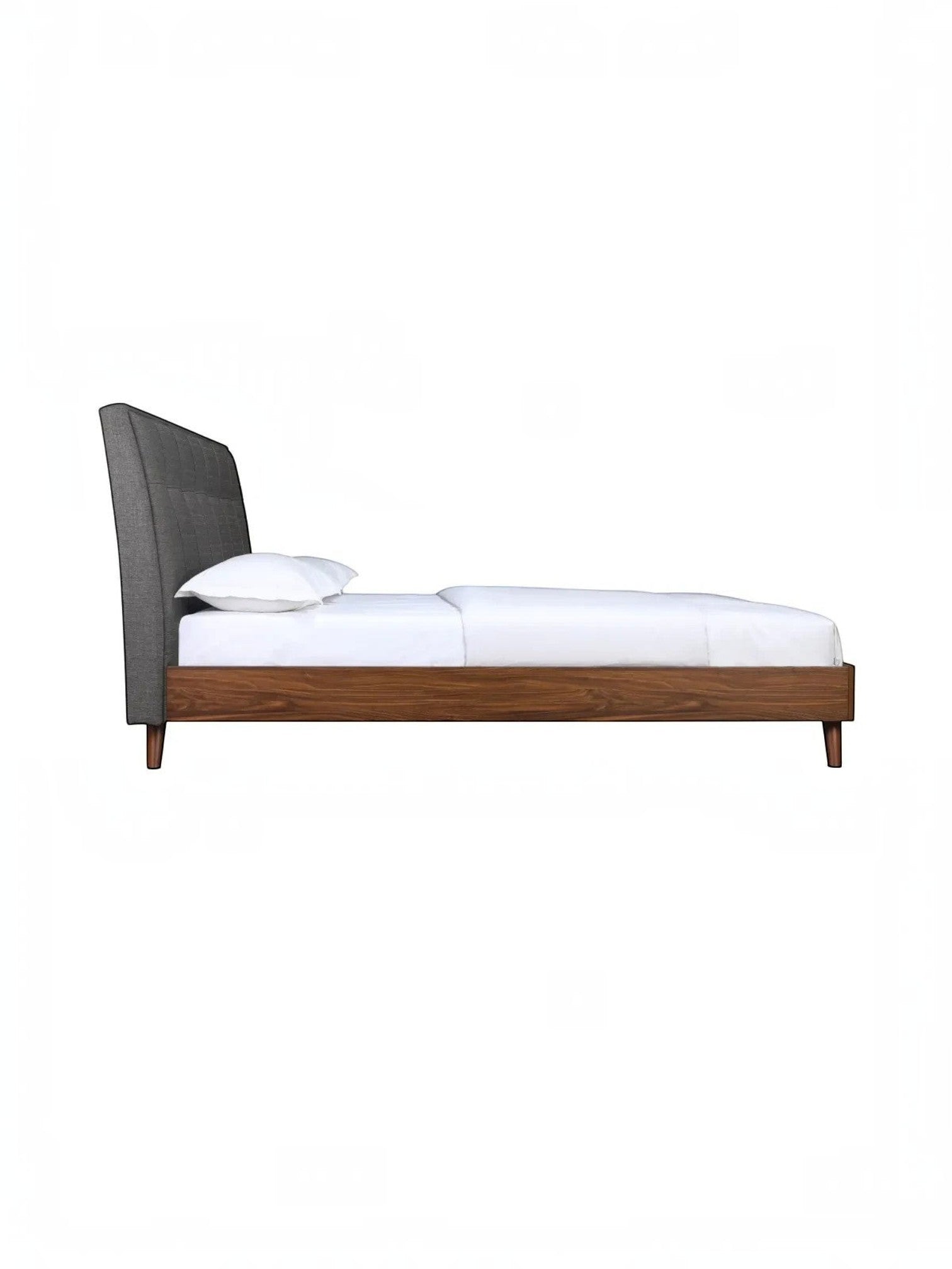 Lit plateforme TOCO Meubles Rafael avec tête de lit capitonnée grise et cadre en bois imitation noyer, vue latérale