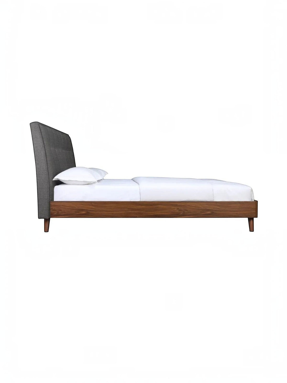 Lit plateforme TOCO Meubles Rafael avec tête de lit capitonnée grise et cadre en bois imitation noyer, vue latérale