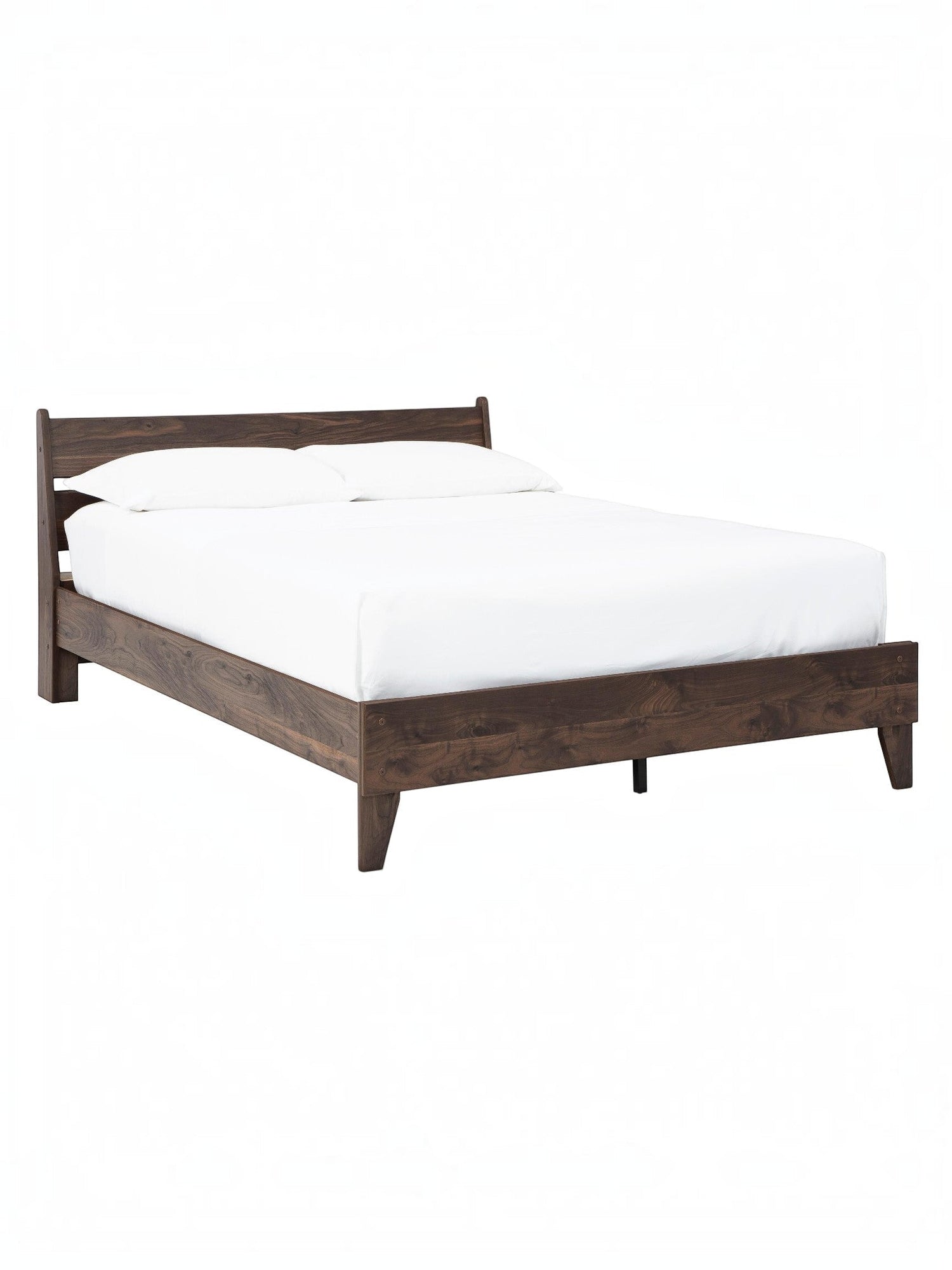 Lit Ramona TOCO Meubles en bois brun foncé avec tête de lit incurvée et pieds fuselés. Design moderne.