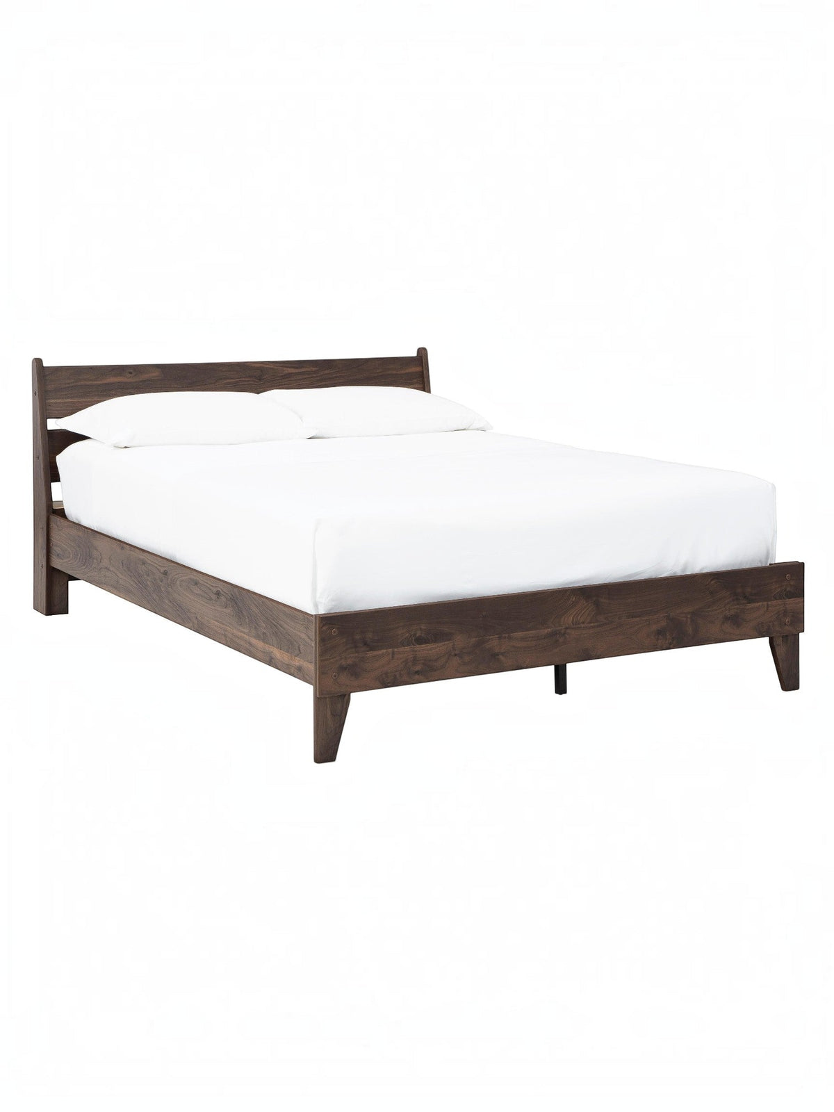 Lit Ramona TOCO Meubles en bois brun foncé avec tête de lit incurvée et pieds fuselés. Design moderne.