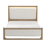 Lit Grand Lit Samora TOCO Meubles en bois brun clair avec tête de lit rembourrée blanche et éclairage DEL intégré.