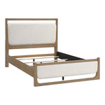 Lit Samora TOCO Meubles en bois brun clair avec tête et pied de lit rembourrés blancs. Design moderne.