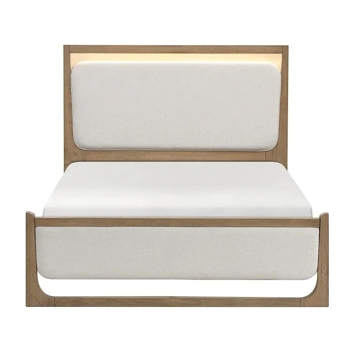 TOCO Meubles Lit Samora grand lit moderne en bois brun clair avec tête de lit rembourrée blanche et éclairage DEL intégré.