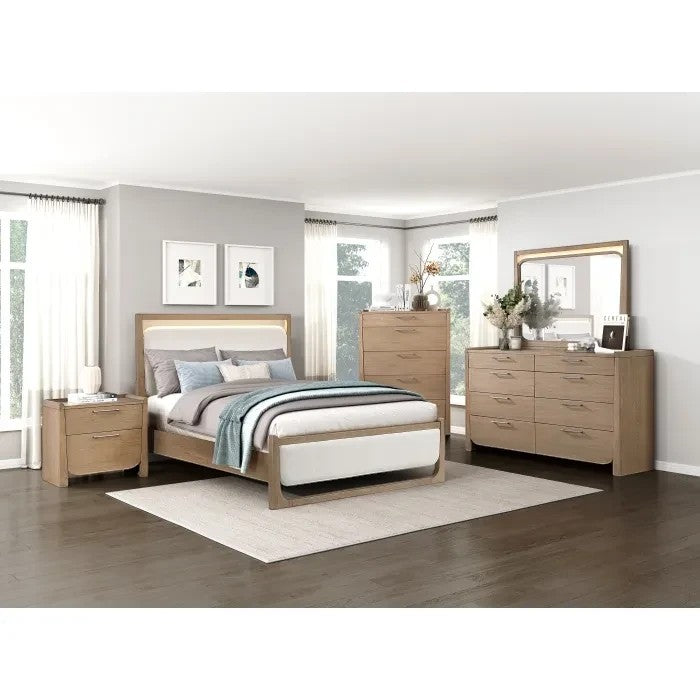 TOCO Meubles Lit Samora en bois brun clair avec tête de lit rembourrée et éclairage DEL intégré. Design moderne.