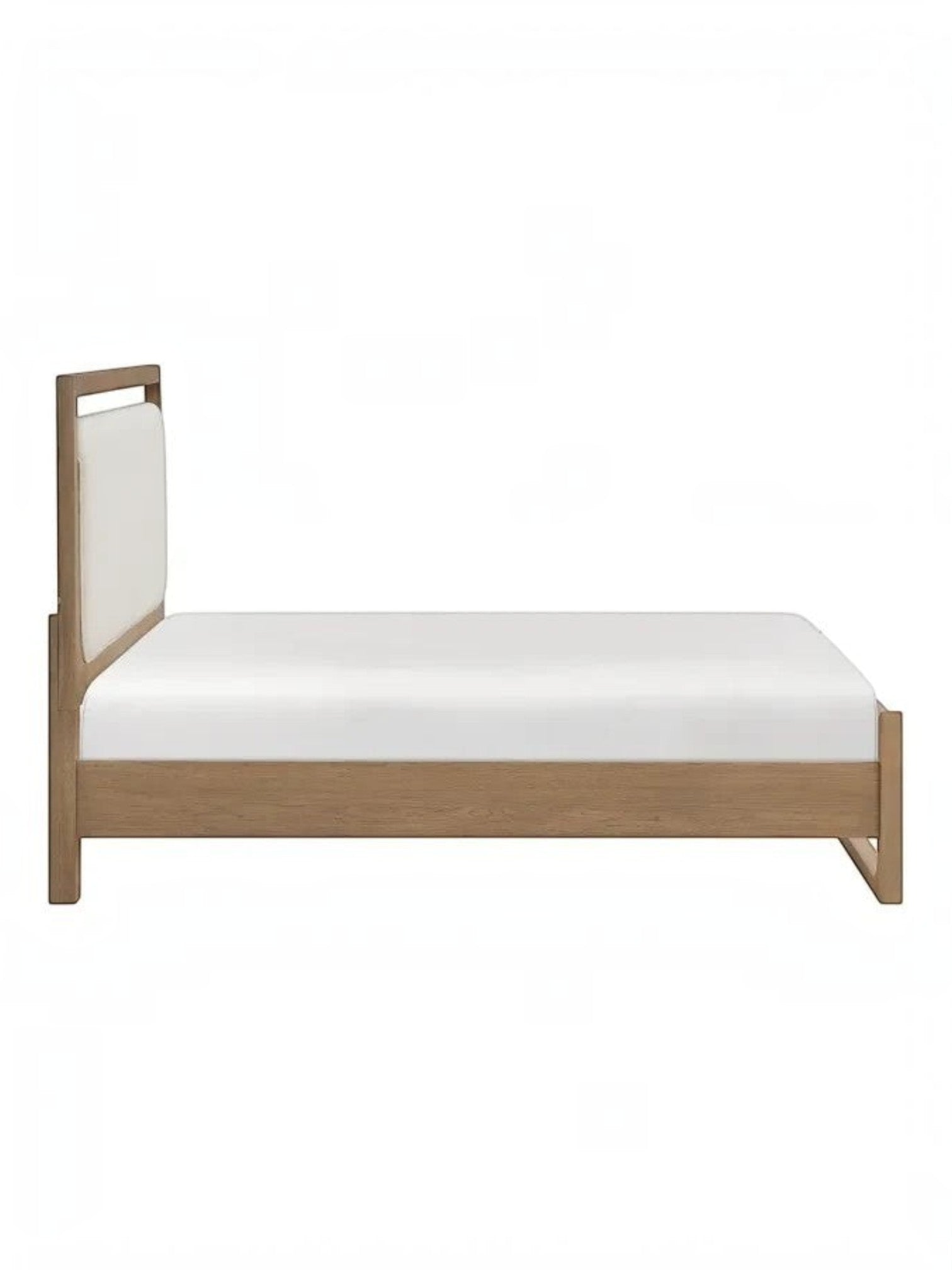 Lit moderne TOCO Meubles en bois brun clair avec tête de lit rembourrée blanche, vue latérale élégante